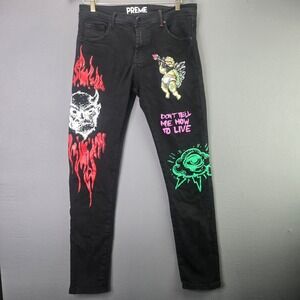 Preme Graphic Denim Jeans Slim Fit 34x33 Black Streetwear Devil Cupid Tattoo